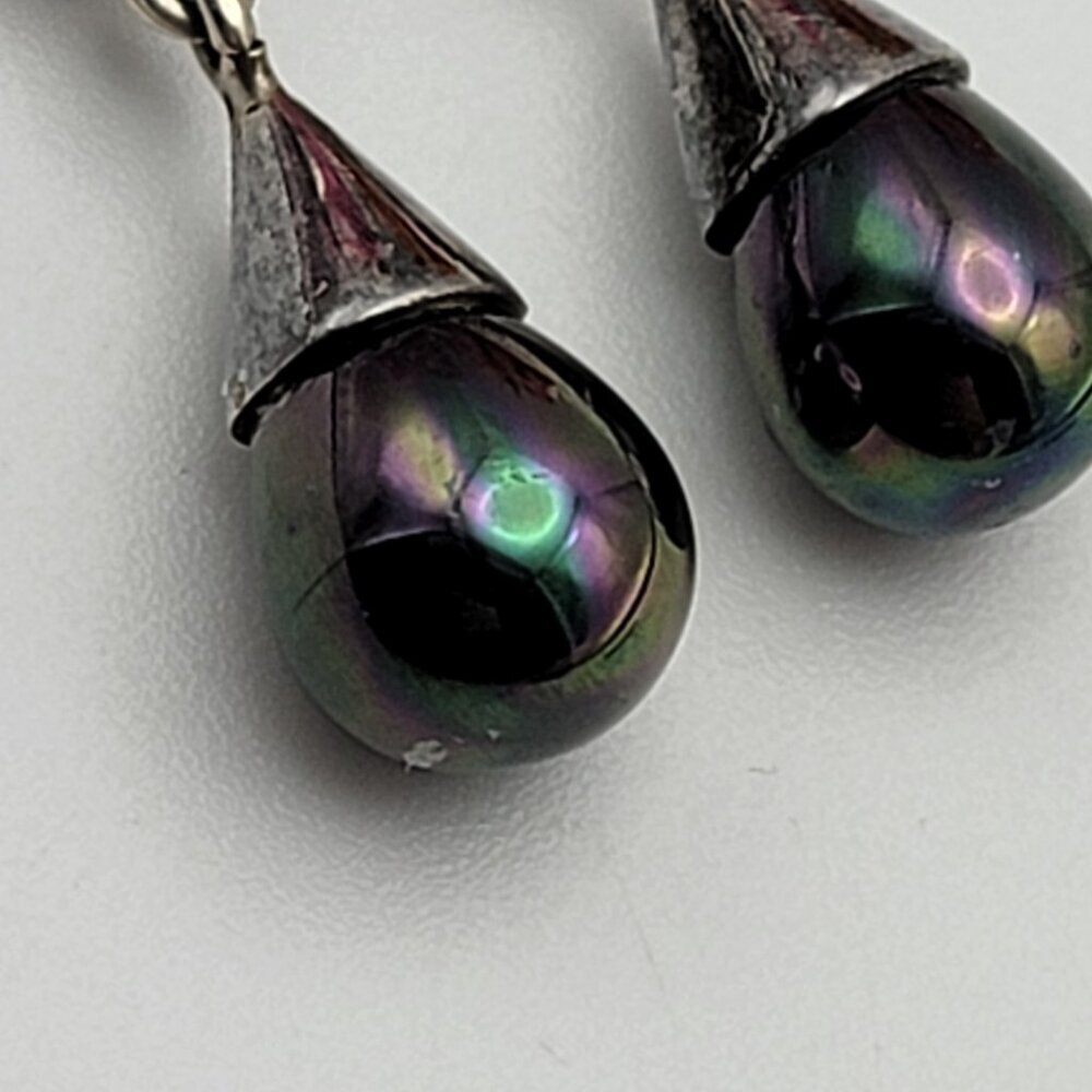 925 Sterling Silver Citrine And Peacock Pearl Teardrop Earrings Pierced  1.5" - Picture 6 of 10